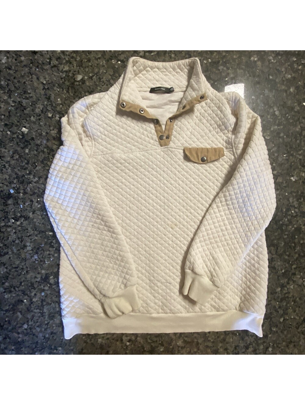 Doe & Rae White/Beige Quilted Cotton Pullover Sweatshirt Collared Button Women L